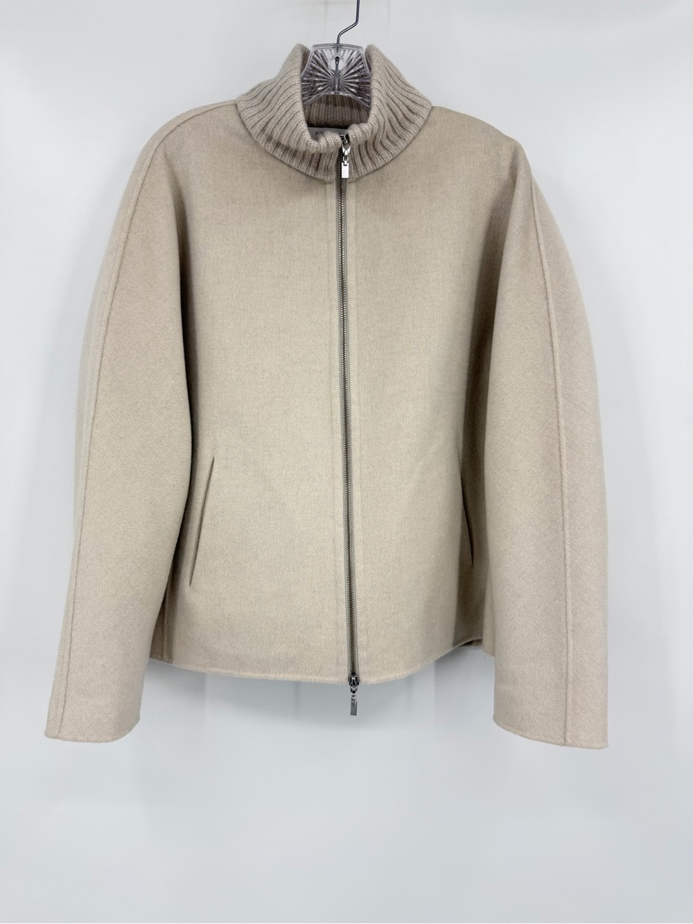 Kinross Short Knit Trim Zip Mock Coat Wool Cashmere Blend Birch Size L